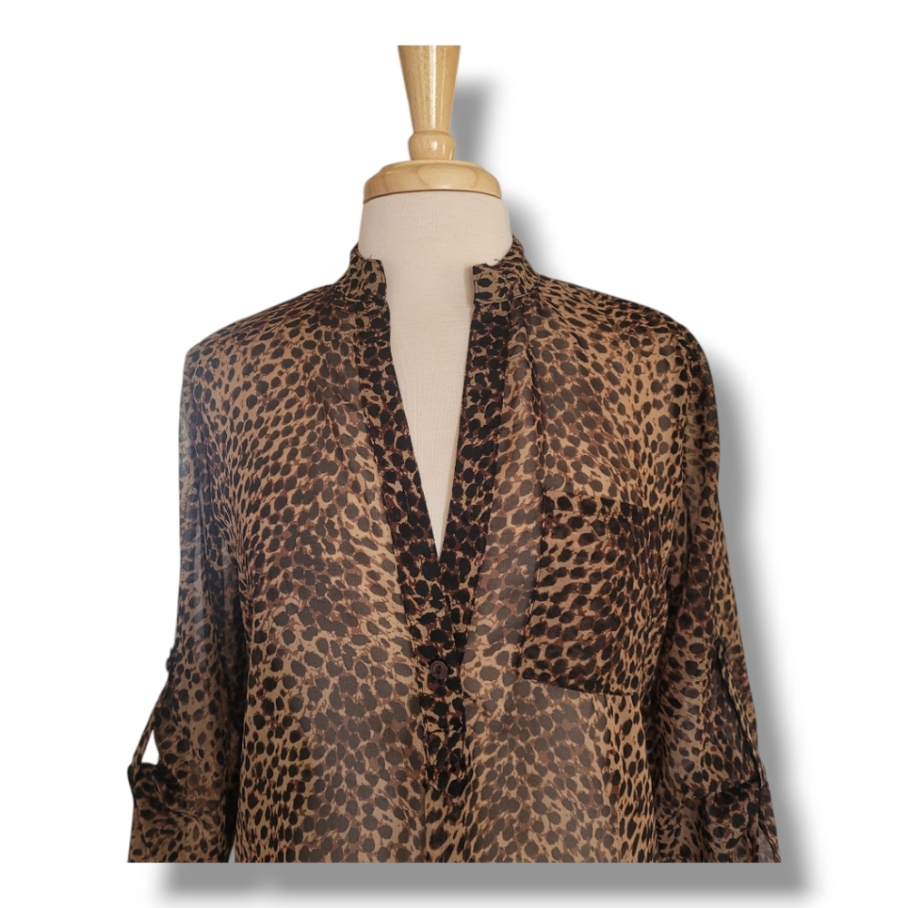 Sheer Animal Print V-Neck Blouse with Mandarin Collar. By Mix & Co. Size Medium - Picture 3 of 9